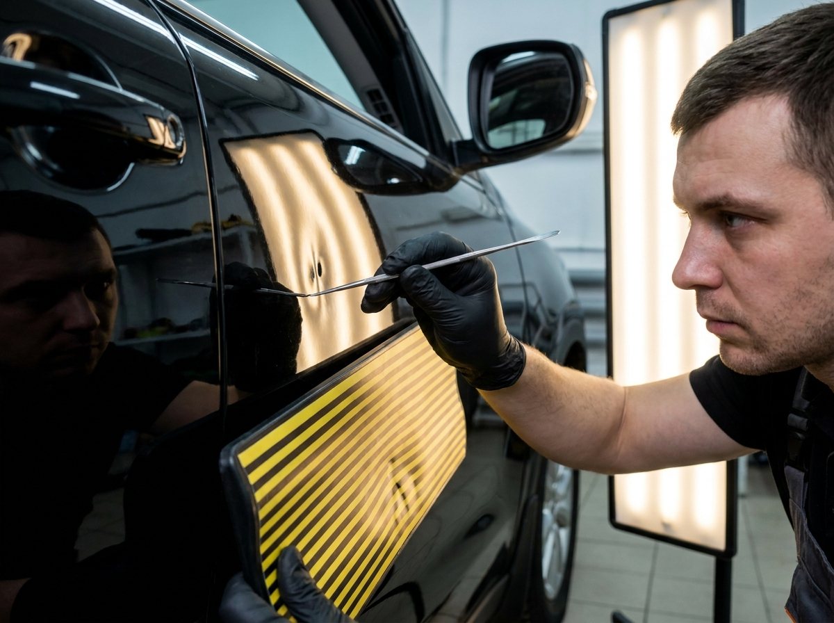 Paintless dent repair technician working a dent out of a glossy car panel with a reflection board